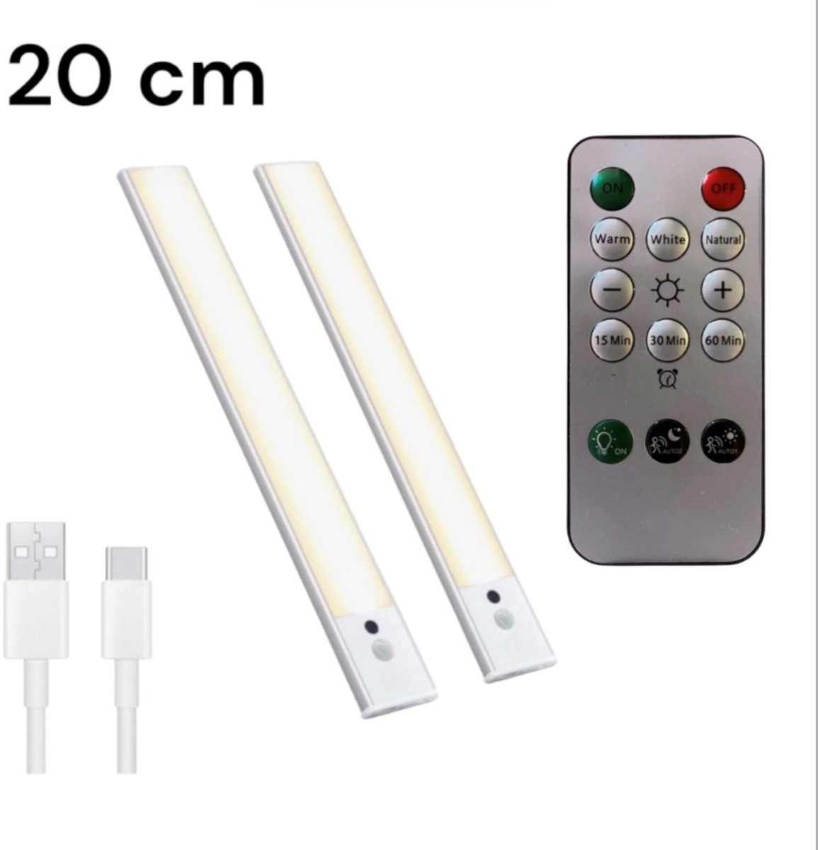 Kastverlichting 2 stuks met afstandsbediening en Bewegingssensor USB-C Oplaadbaar - Dimbare Led-Strip 3 Kleurtemperaturen - Magnetische Verlichting voor Kasten Gangen Slaapkamers 2 x 20cm wit