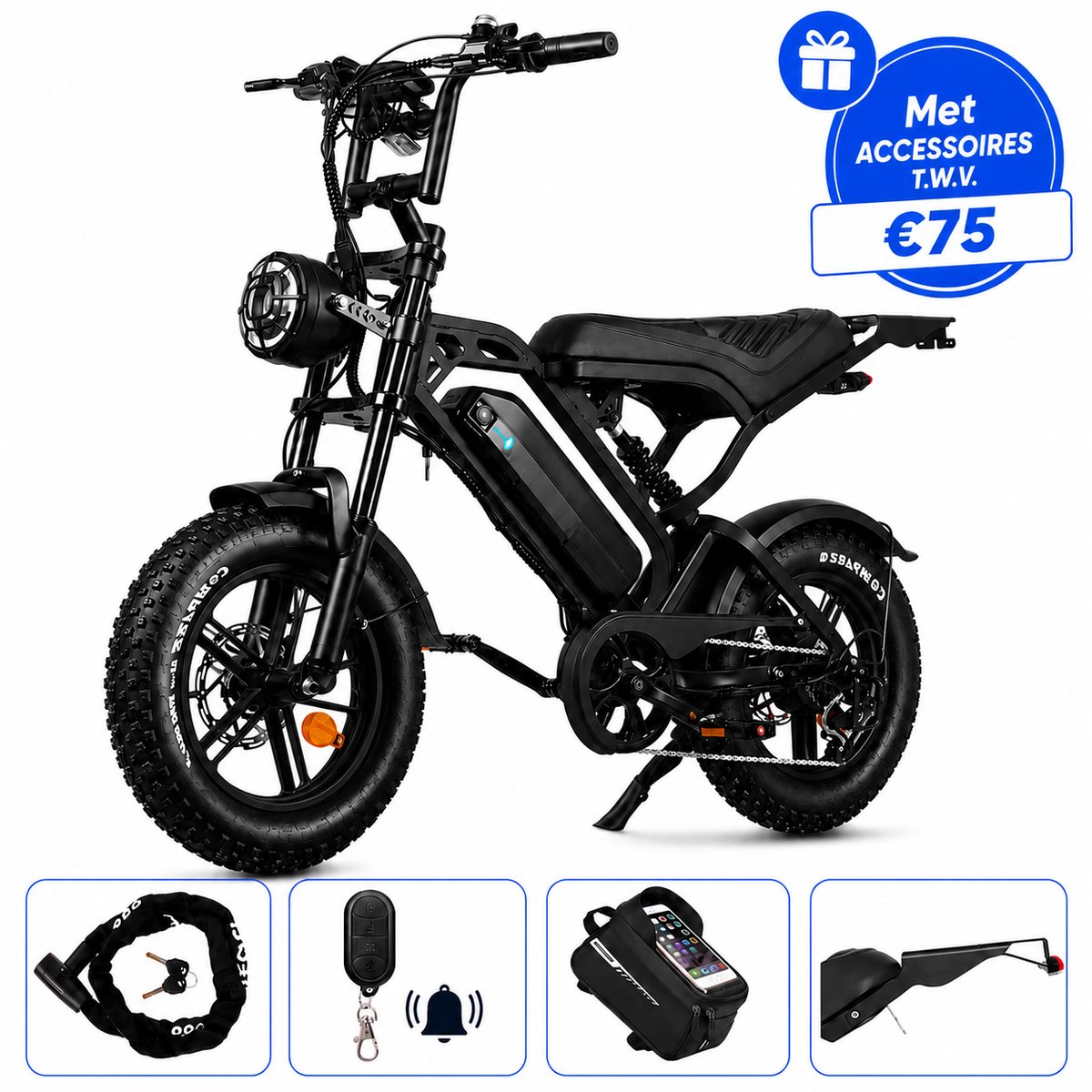 Ebikekopen.com Fatbike V20 Mini - Rijklaar - Nieuwste Model - Hydraulische remmen - 2026/2027 Model - Incl. Slot - Telefoonhouder - Alarmsysteem - Achterrekje - Voetensteuntje - Met Accessoires - Elektrische Fiets - Bluethooth Speaker - QmWheel