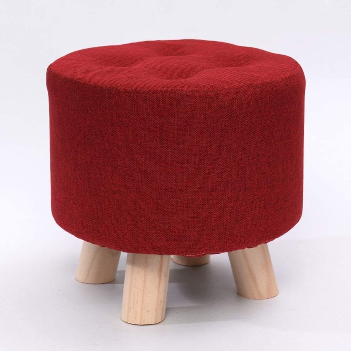 Houten Poef - Voetenbank Linnen - Extra Zitplaats - Compact Ontwerp - 31x31x28cm - Rood