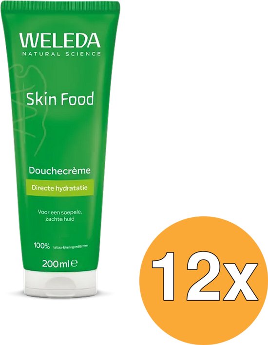 Groene tube Weleda Skin Food douchecrème 200 ml, verpakking van 12 stuks.