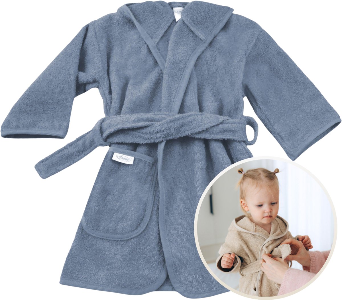 Funnies Badjas Grey Blue 0-12 Maanden Baby Badjas, Badjas Kinderen, Peuterbadjas - 100% Katoenen Badstof - Zacht en Absorberend - Perfect na Zwemmen, Douchen of Badderen - Ideaal als Cadeau voor Baby’s en Kinderen
