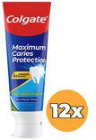 Colgate tandpastatube, blauw met rode bovenkant, 'Maximum Caries Protection', 'Calcium Boost+Arginine'.