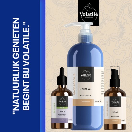 Blauwe pompflessen met labels 'Massageolie Neutraal', een amberkleurige druppelfles en een bruine fles.