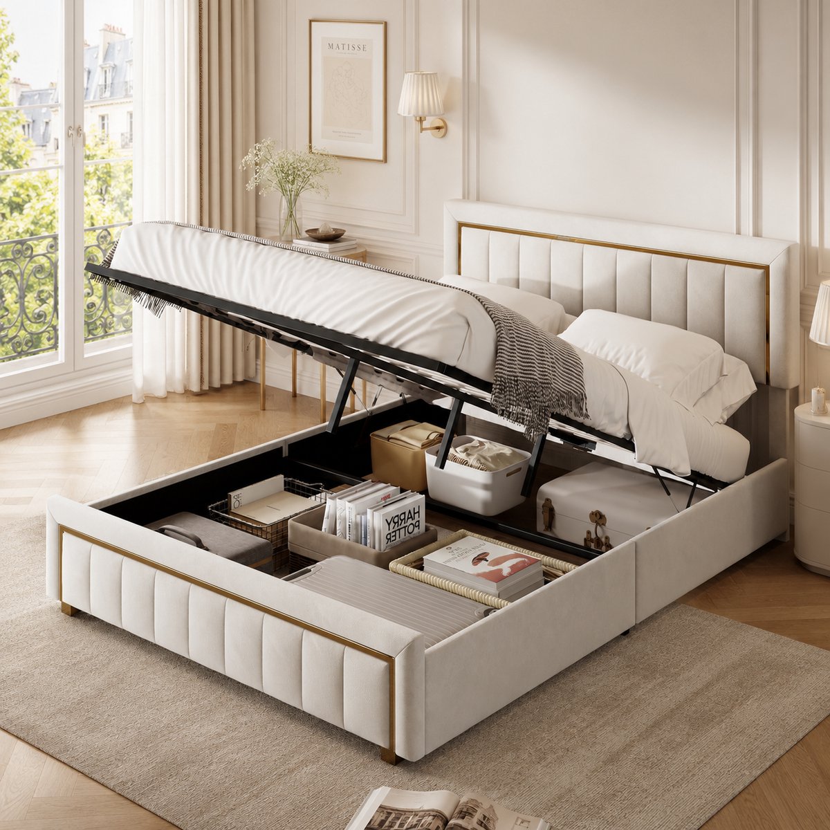 MEXUS Opbergbed 140x200 cm met hydraulische opbergruimte, tweepersoonsbed met lattenbodem en hoofdbord, gestoffeerd voor volwassenen en tieners, fluweel Beige
