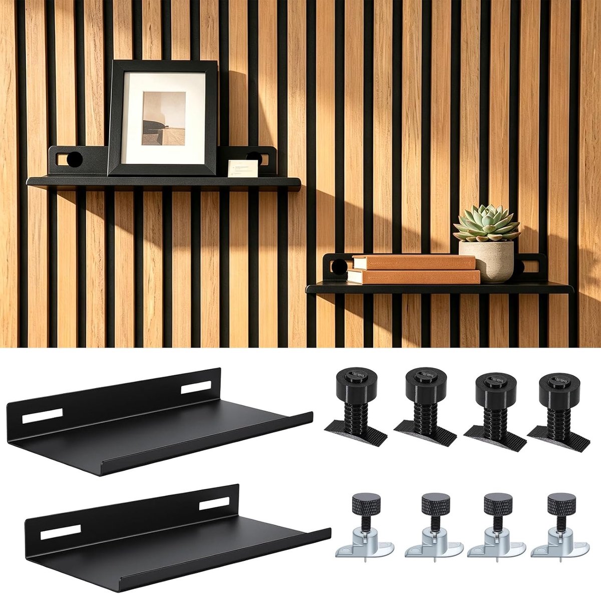 2 stuks rekken voor akoestische panelen - zonder boren - 10 x 25 cm - zwart - zwevend rek voor panelen - woonkamer - kantoor - keuken