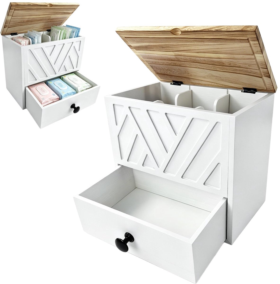 Ryoudavell - 3 Vakken Houten opbergdoos - Houten opbergdoos voor tampons, Maandverband En Inlegkruisjes - 24 x 14.5 x 22.5 cm - Badkamerorganizer Met Lades En Deksel - Veelzijdige Houten Opbergdoos - opbergdoos - opbergbox - organizer - Badkamer