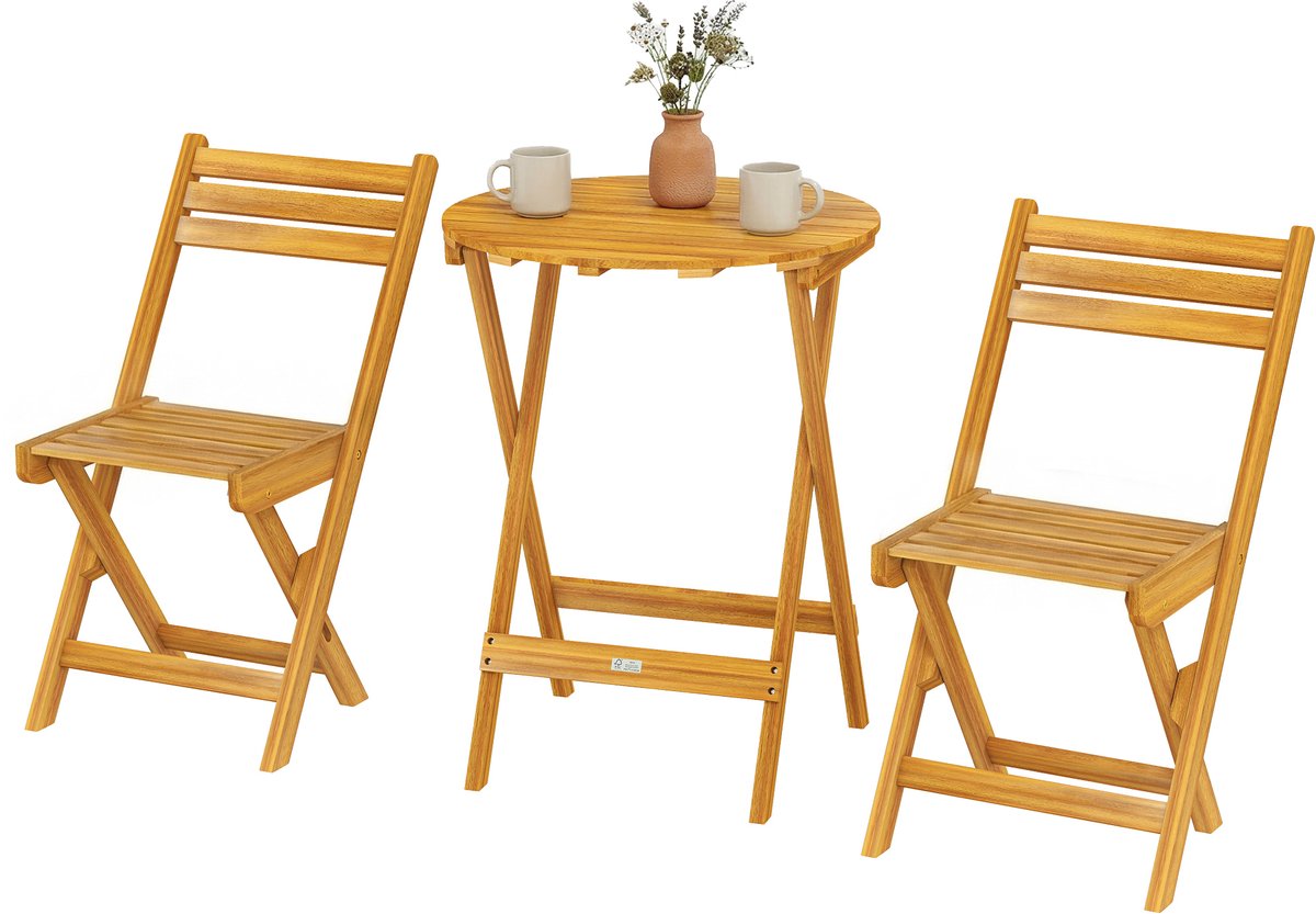 3-delige opvouwbare acaciahouten set voor kleine eetgelegenheden – inclusief ronde tafel en 2 stoelen – zelf te monteren – afmetingen 60 x 60 x 75 cm – naturel