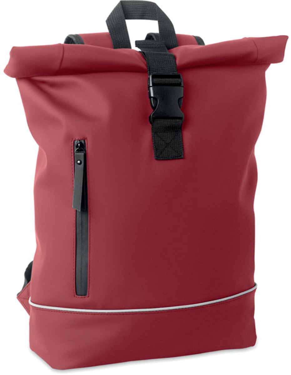 15 inch rolltop laptoprugzak in zacht PU met gevoerde achterkant en basisversterking met reflecterende strip. Kleur Rood