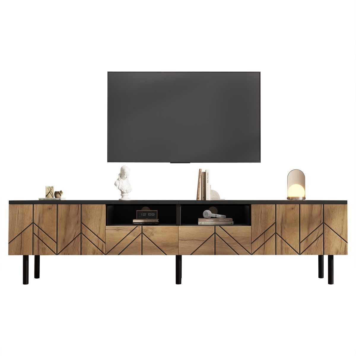 TV-Meubel voor Woonkamer – Modern TV-Lowboard van Spaanplaat – 2 Deuren, 2 Laden en Verborgen Opbergruimte – Draagvermogen 75 kg – 180 × 40 × 45 cm – Zwart en Naturel Houtlook