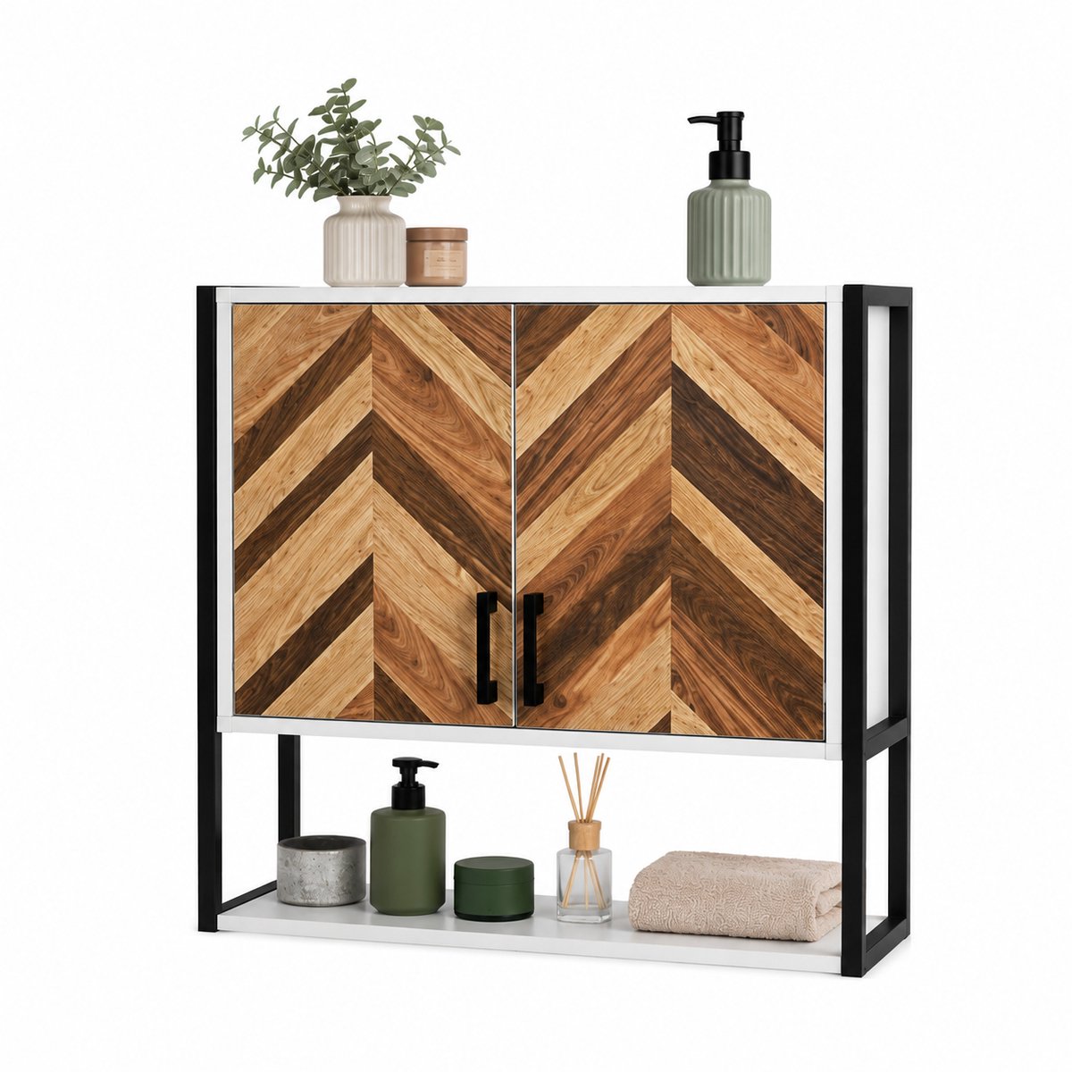 Jurrys Kast - Wandkast - Hangkast voor badkamer - Keukenkast - 2 deuren - 2 Planken - Verstelbaar - 59x20x60 cm - Visgraat hout