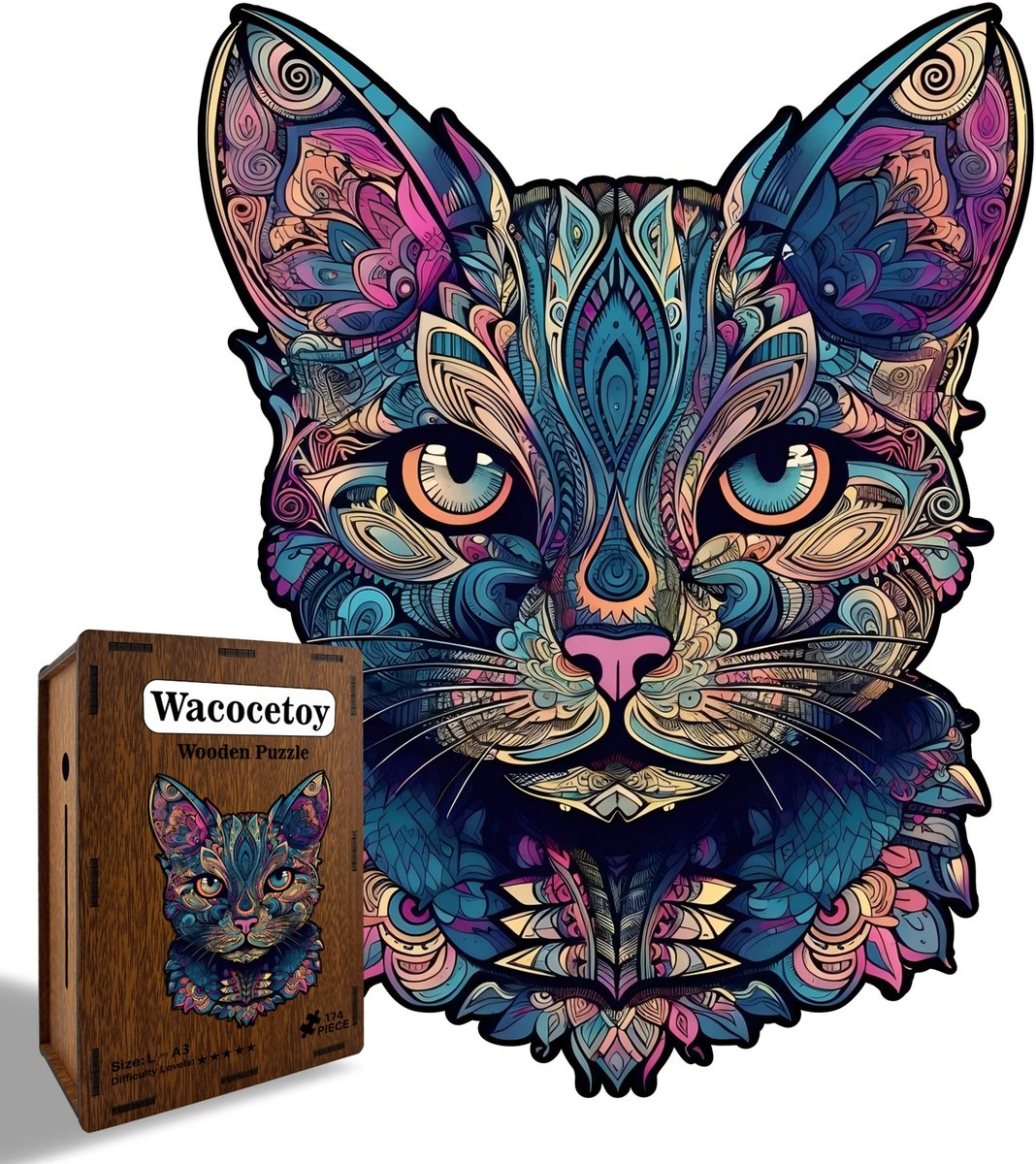 Casalora Houten Puzzel voor Volwassenen 174 Stukjes – Kattenkop – Unieke Vorm Puzzel