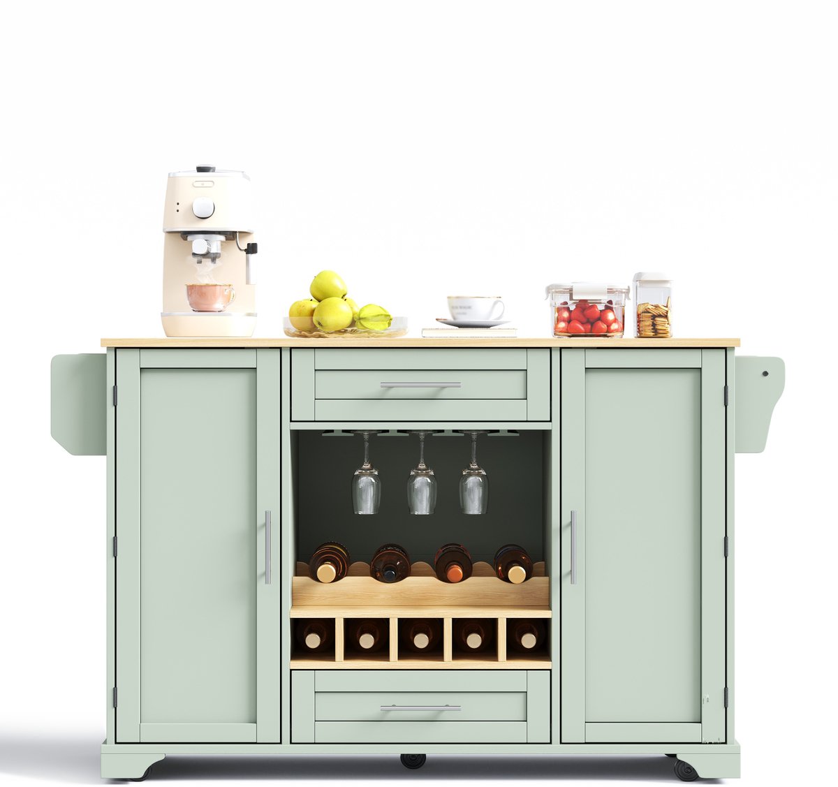 VVBV Keukentrolley 138x70x92 cm - Op Wielen, Inklapbaar Werkblad, Werkblad, Opbergruimte - Groen, MDF