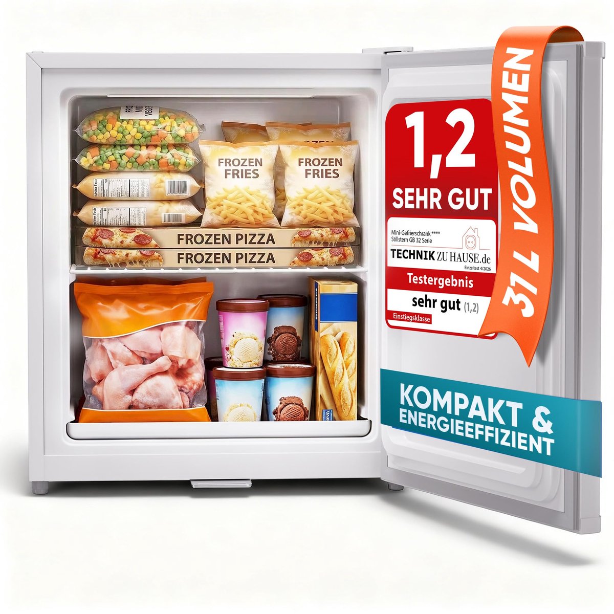 Stillstern Mini-diepvriezer, klein en stil, 31 l, mini-diepvrieskist -18 °C met ijsblokjesbakje en slot, deurscharnier rechts/links, 4-sterren diepvriezer, klein, diepvriezers voor op de camping/op kantoor, wit [energieklasse E]