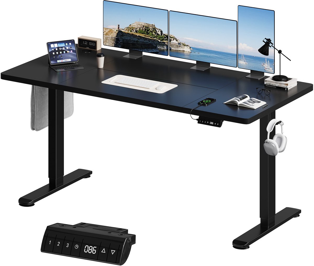 Devoko Elektrisch Zit-Sta Bureau 160x80 cm – 18 mm Dik Tafelblad – 3 Geheugenstanden – USB en Zit-alarm – Kabelmanagement – Zwart frame met zwart blad