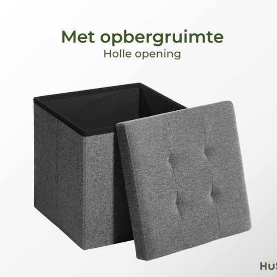 Opbergpoef met deksel, grijs, met opbergruimte. Holle opening.