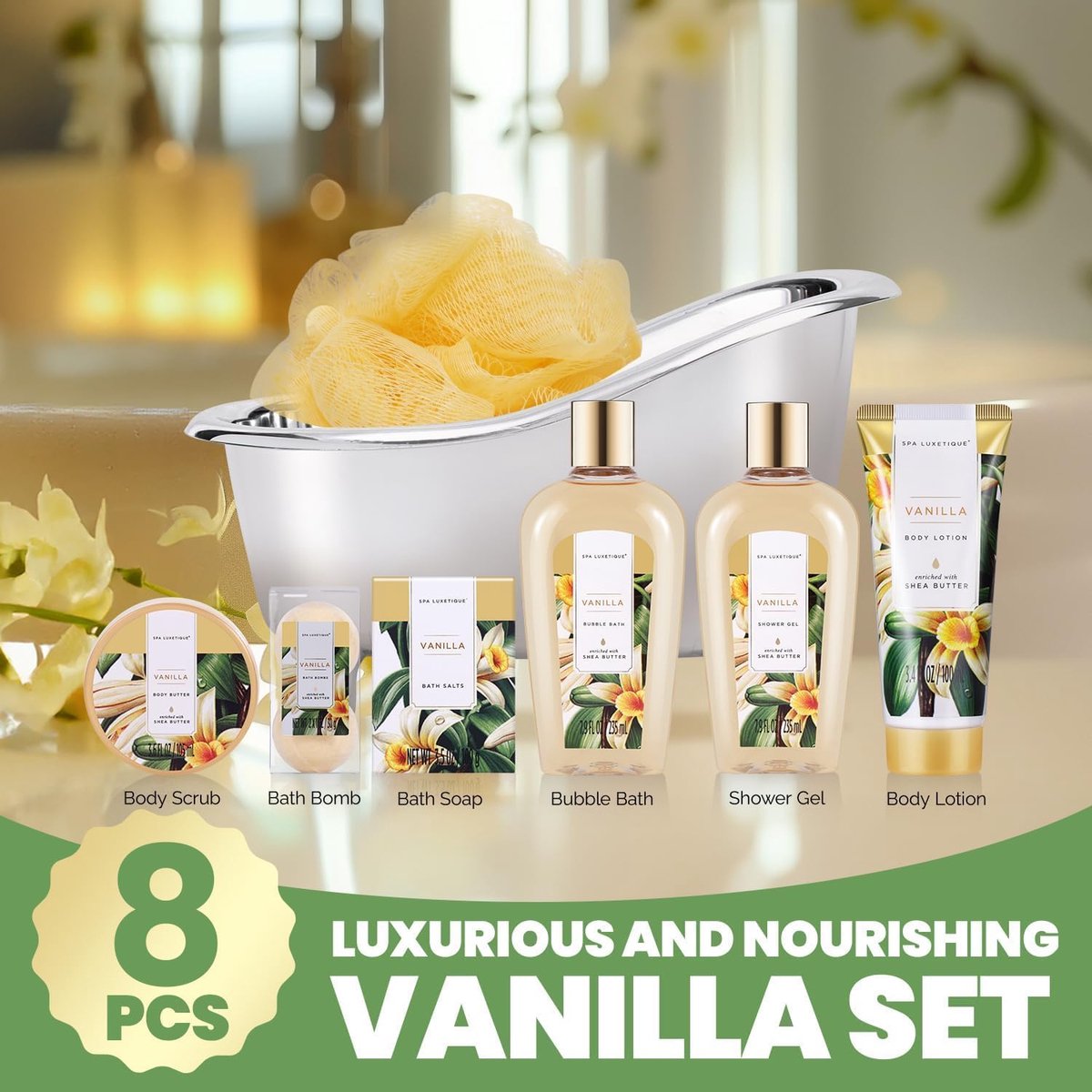 Spa Luxetique - Vanilla Gold - Geschenkset Vrouwen - Verwenpakket Dames - Cadeaupakket in zilveren badkuip - wellness bath - Verjaardag cadeau vrouw - Kado vrouwen, moeder, vriendin, zus, oma, mama - Giftset Cadeautje volwassenen — cadeau in Verzorging - foto 5