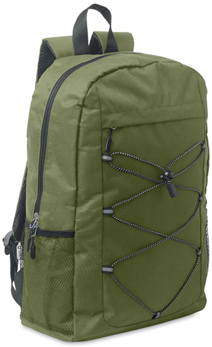 Rugzak van 600D RPET polyester met decoratief koord en ritsvak aan de voorkant. Meshzakken aan beide kanten. Leger Groen
