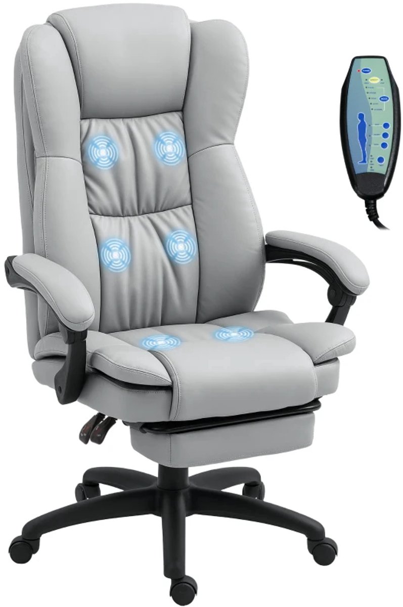 Ergonomische Bureaustoel met Massagefunctie, Voetensteun & Hoofdsteun - In Hoogte Verstelbaar - Max. kanteling 135° - 360° Draaibaar - Kantoorstoel - Gamestoel - Volwassenen Stoel - Directiestoel - Computerstoel - Lichtgrijs