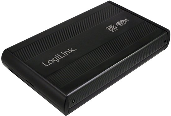 Zwarte LogiLink HDD behuizing met ribbelpatroon en zilverkleurige randen.