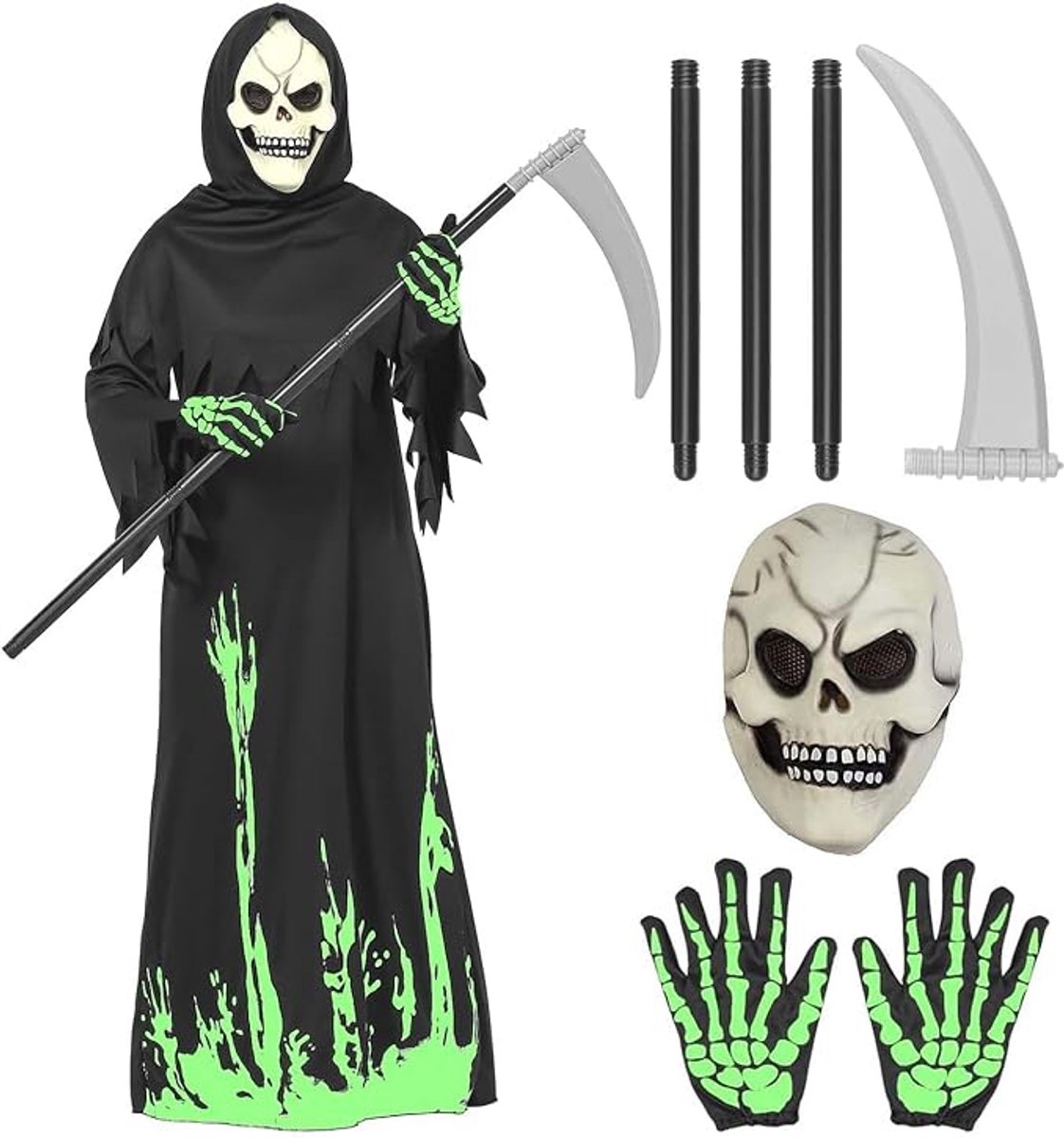Halloween Grim Reaper-kostuum voor kinderen - Glow-in-the-Dark Halloween-spookkostuum met zeis, schedelmasker en handschoenen - Halloweenkostuum voor jongens en meisjes - Geschikt voor Halloween en carnaval - Maat M