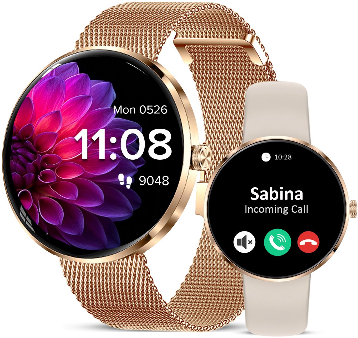 Avalue - AMOLED Dames Smartwatch - Hartslagmeter - Slaapmonitor - Vrouwengezondheid - Multisport - Android & iOS - RVS en Siliconen Band- Goud