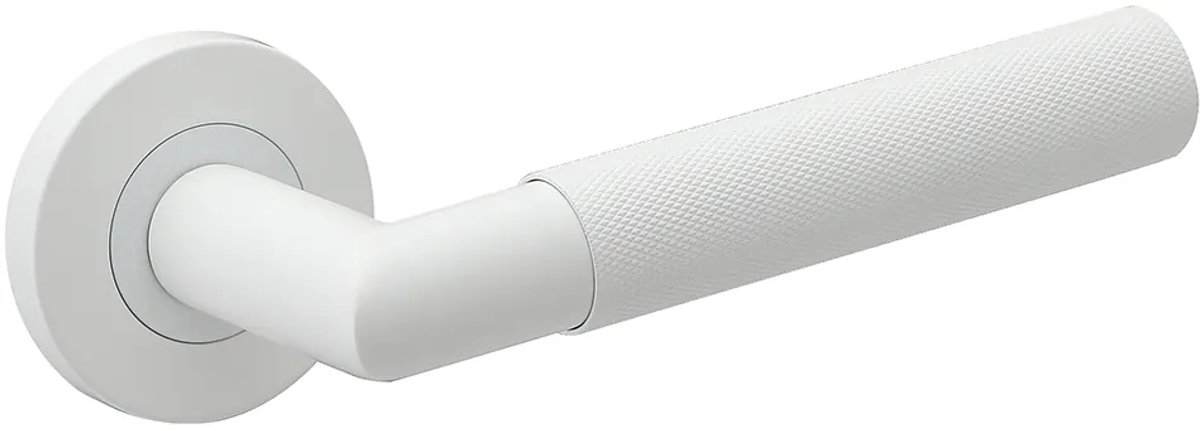 Deurkruk (2x) Pia rond massief geribbelde diamant greep 22mm haaks met een schroefrozet mat wit PVD gecoat | Witte deurklinken