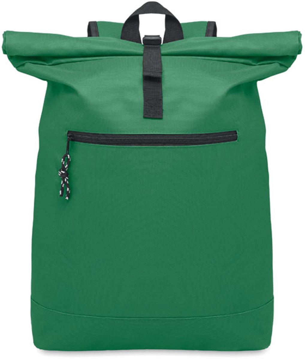 15 inch rolltop laptoprugzak van 600D polyester met gewatteerde achterkant en versterkte bodem. Afsluitbaar voorvak met rits. 210D voering. Groen