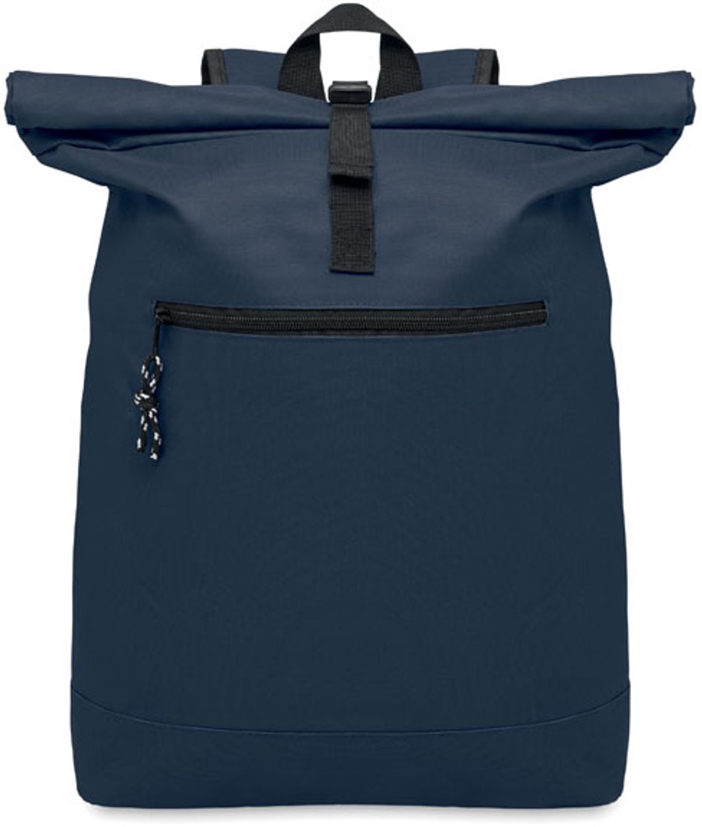15 inch rolltop laptoprugzak van 600D polyester met gewatteerde achterkant en versterkte bodem. Afsluitbaar voorvak met rits. 210D voering. blauw