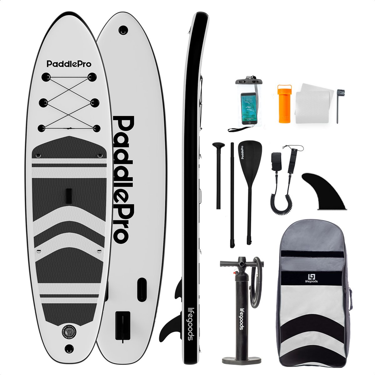 Bol.com LifeGoods PaddlePro SUP Board - Opblaasbaar Paddle Board - Complete Set - Max. 150KG - 320x81cm - Wit/Zwart aanbieding