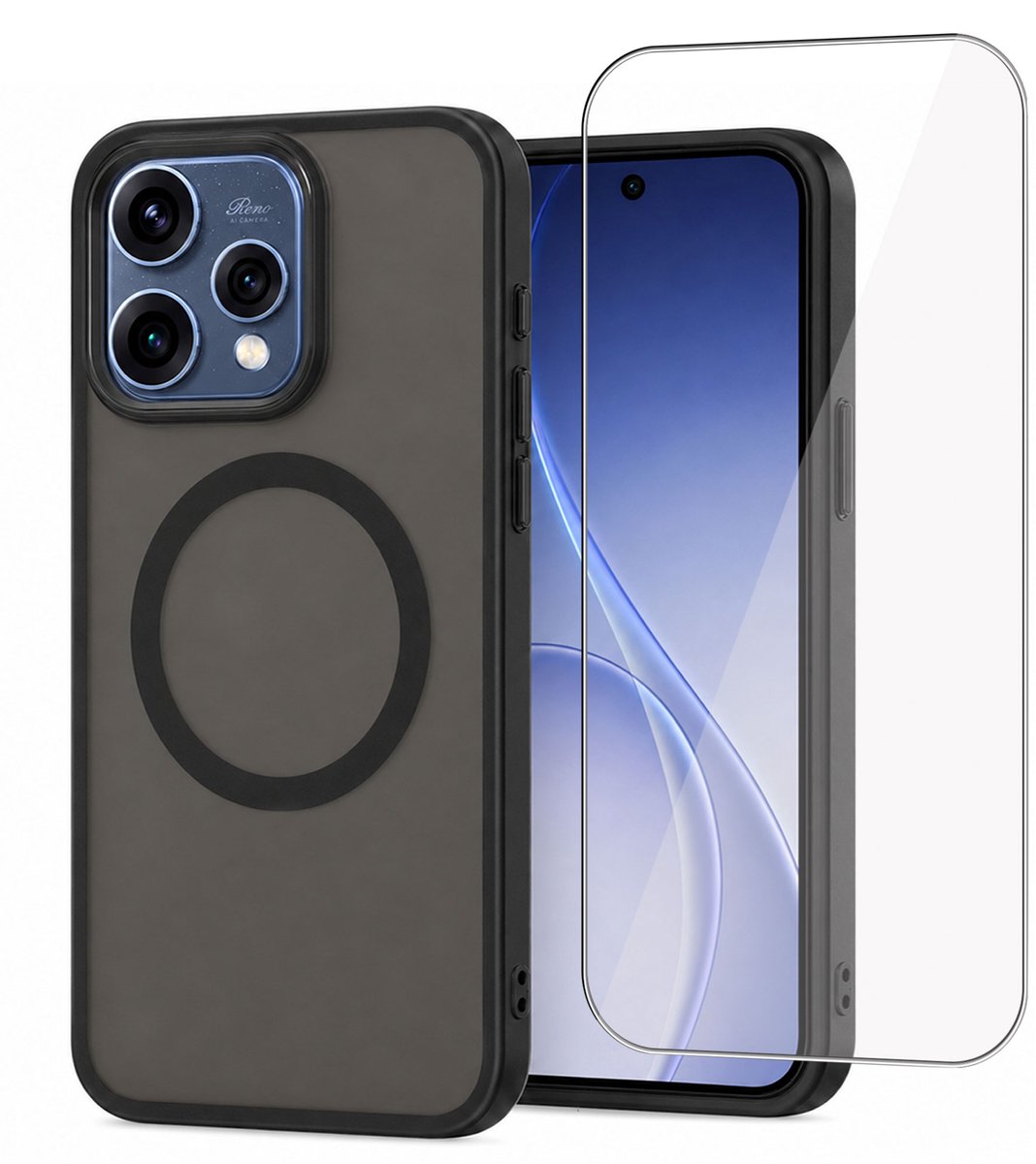 Hoesje + Screenprotector geschikt voor OPPO Reno 15 5G Hoesje - Shock Proof Case geschikt voor Magsafe - Magnetisch - Gehard Glas- Zwart