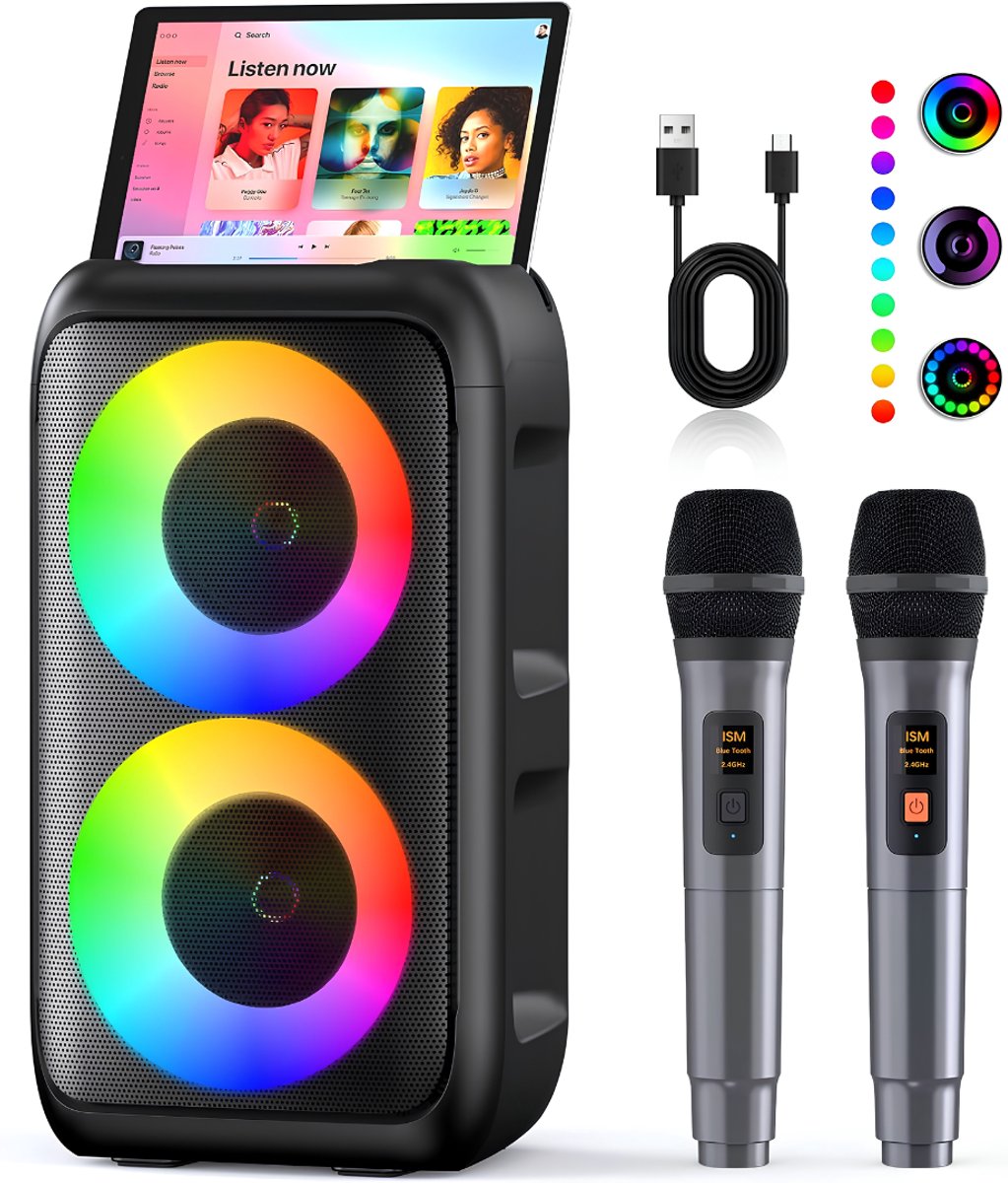 NIVA® Karaokeset - Draagbare Bluetooth Speaker met 2 Draadloze Microfoons - Tot 10 Uur Afspeeltijd - Veelkleurig - 19cm x 18cm x 32cm