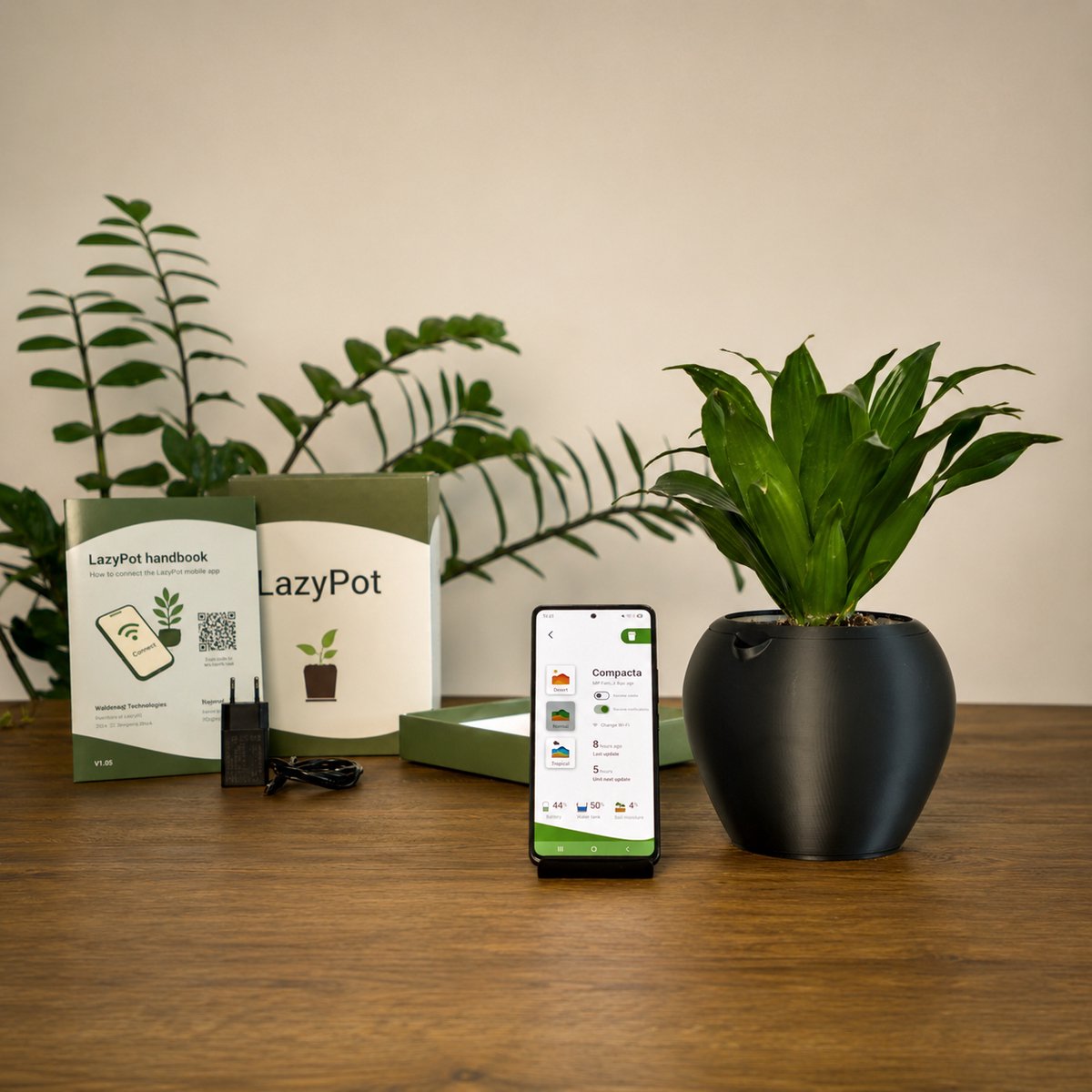 LazyPot Zwart – Zelfwatergevende Plantenpot met App – Ø 11 x 10 cm – 1L Waterreservoir – Slimme Bloempot – Oplaadbaar – Mat Zwart — cadeau in Gadgets - foto 4