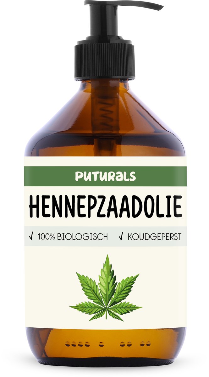 Puturals Hennepzaadolie 100% Biologisch - 500ml - Koudgeperst en Puur - Hennepzaadolie voor Huid, Haar, Gezicht en Lichaam - Geschikt voor Honden - Bruine Glazen Fles + Pomp