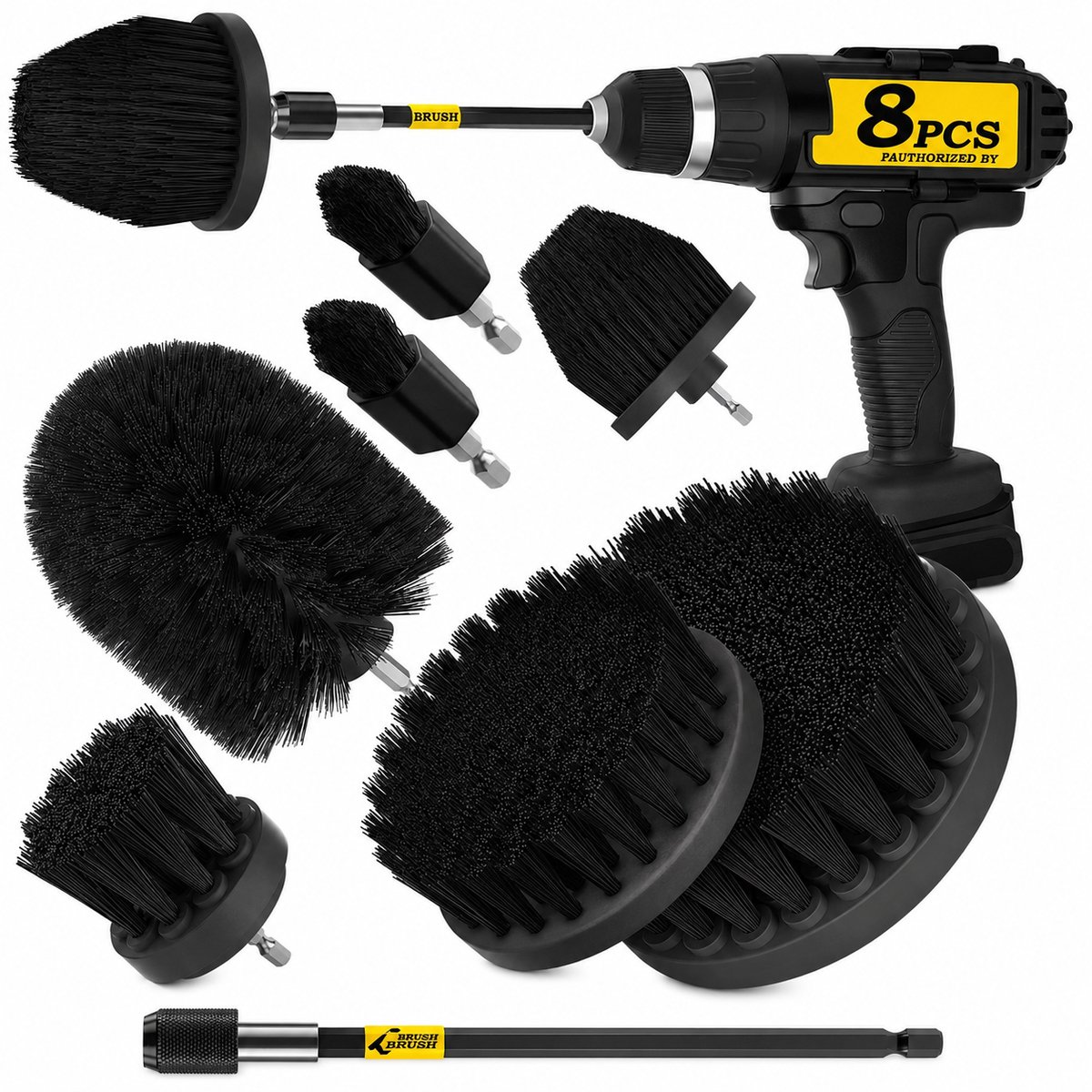 BOTC Boorborstel Set 8 Stuks - Schoonmaakborstels voor Boormachine met Verlengstuk - Tegelborstel, Voegborstel, Badkamer-, Douche-, Badkuip- en Vloerreiniging - Zwart