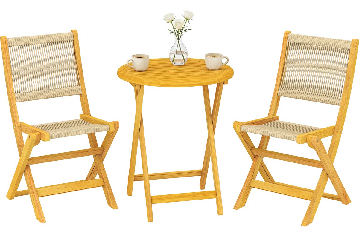 Tuinset van natuurlijk hout – 3-delig – ronde tafel en 2 klapstoelen – gestreepte zitting – geschikte zit set voor de tuin en het balkon