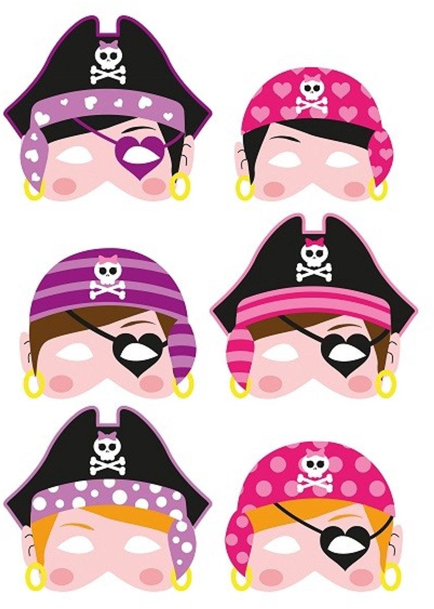 Verkleedmaskers voor stoere meiden - piraten maskers foam - 6 stuks