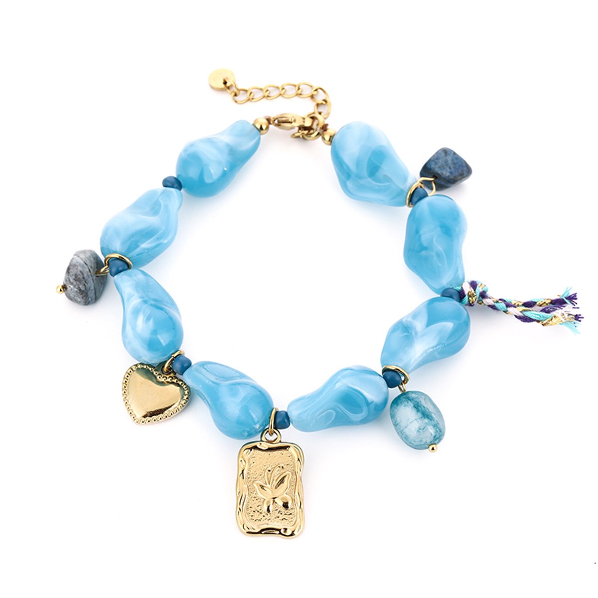 Matthew Studio® Armband Dames - Bedelarmband - Goudkleurig - Lichtblauwe Kralen - Hart - RVS