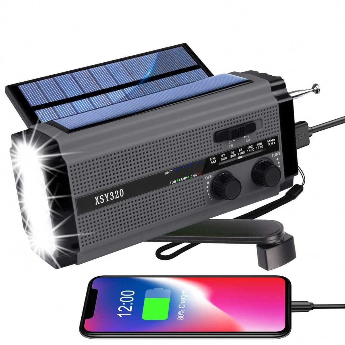 Zoprix Noodradio met Zonnepaneel, Dynamo en Oplaadbare Batterij – FM/AM Radio, LED Zaklamp & USB Powerbank