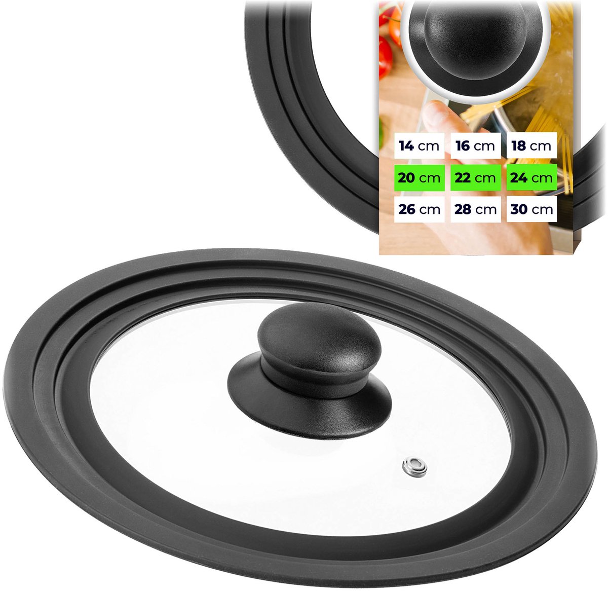 KADAX universele deksel 20/22/24 cm, universele deksel voor potten en pannen, pannendeksel, glazen deksel met siliconenrand en stoomopening, potdeksel (zwart)
