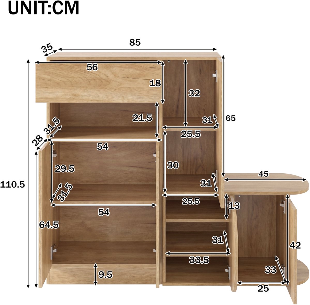 VVBV Schoenenkast 130x35x110.5 cm - Met Haken, Opbergruimte, Met Lades, Met Planken - Naturel, MDF
