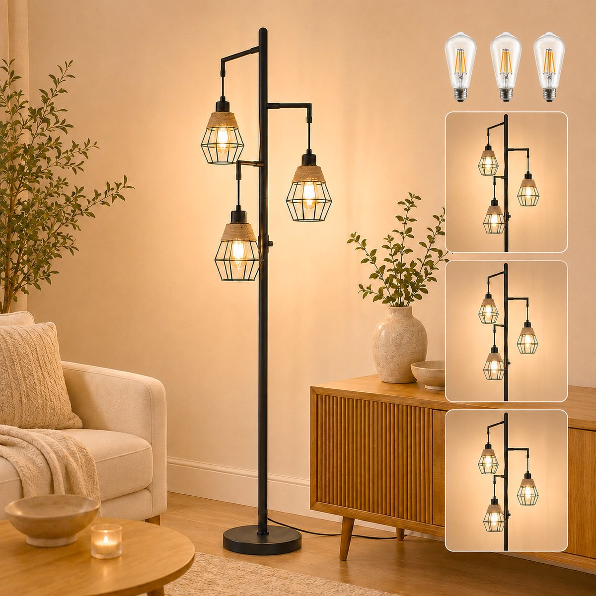 Lapamax Industriële Vloerlamp met 3-Lichts - Zwarte Staande Lamp Dimbaar met 3 Metalen Lampenkappen - Vintage Leeslamp met E27 LED Lampen - voor Woonkamer, Slaapkamer, Eetkamer en Kantoor