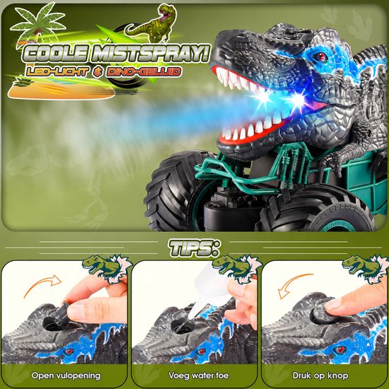 Instructies voor het coole misteffect van de dinosaurus RC auto: vul opening, voeg water toe, druk op de knop. Tekst: 'Coole Mist-spray! LED-light & Dino-geluid.'
