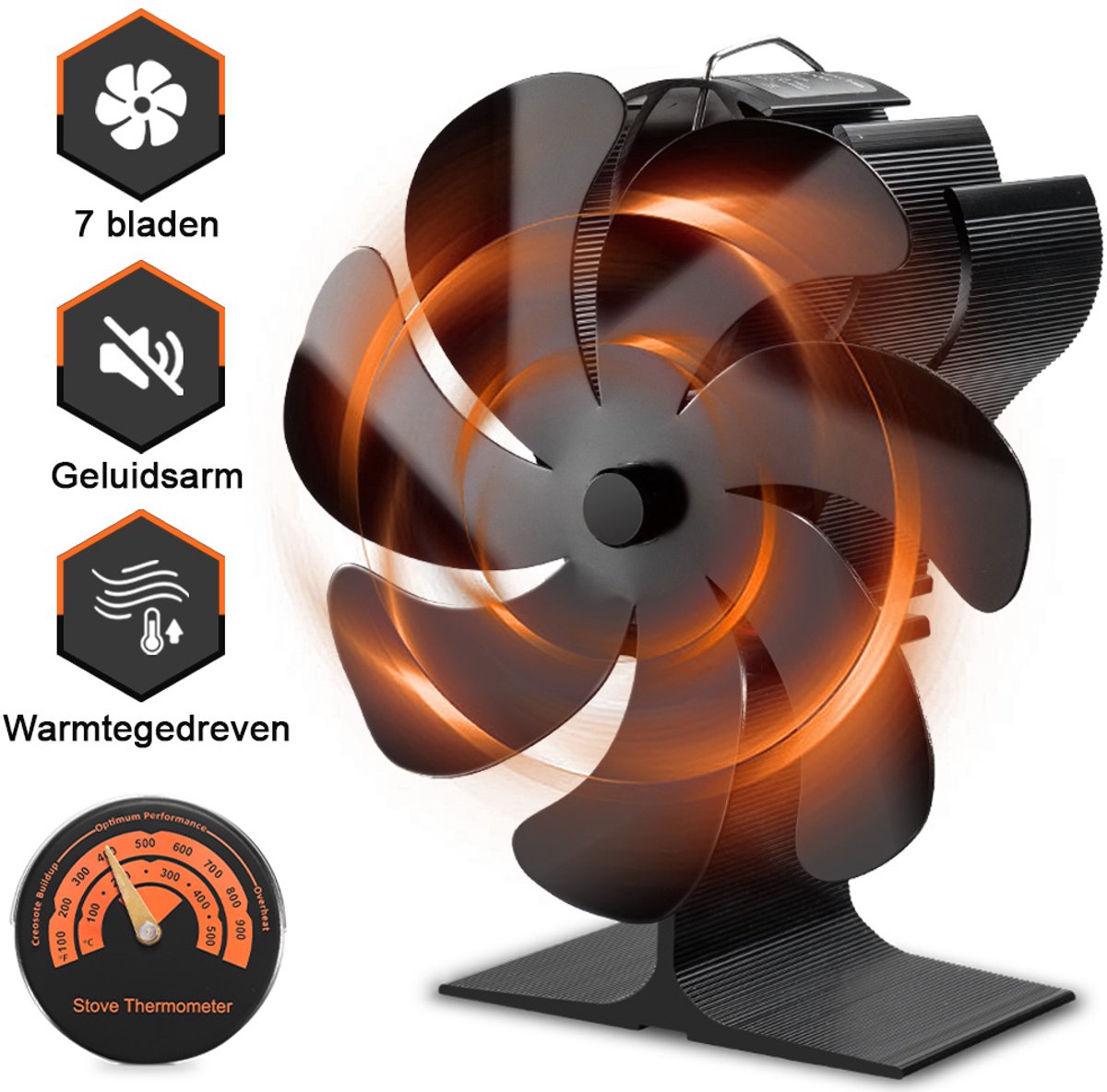 Yofidra Kachelventilator - 7 bladen - Stille kachelventilator - zonder stroom - Incl. thermometer - Houtkachel Ventilator - voor houtkachel/open haarden/kachels