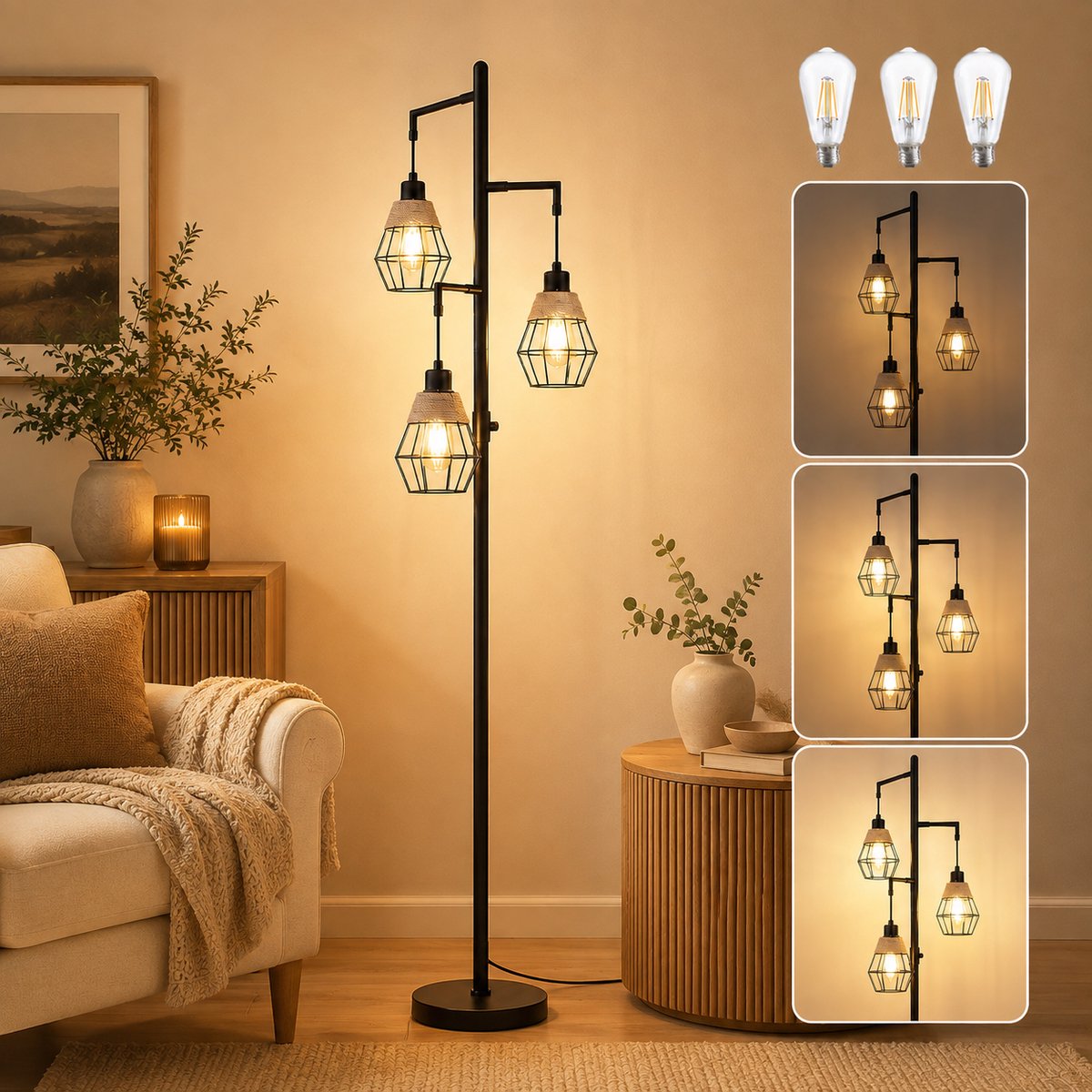 Lapamax Vloerlamp Industrieel Zwart - 3-Lichts Staande Lamp met 3 Metalen Kappen - Traploos Dimbare Hoeklamp met E27 LED Lampen 3000K - Vintage Sfeerlamp voor Woonkamer, Slaapkamer, Leeshoek en Kantoor