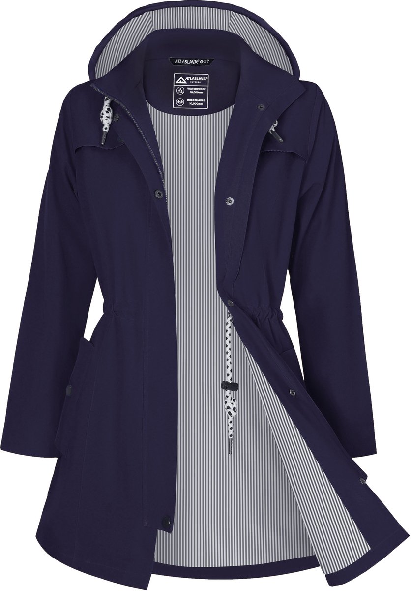 ATLASLAVA Regenjas Dames Lang Waterdicht Ademend Regenmantel Overgangsjas Capuchon Outdoor Jas,Maat XXXL,Donkerblauw
