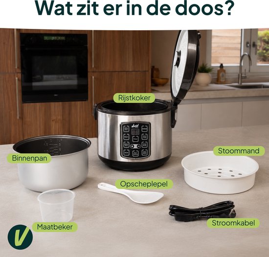 Inhoud van de doos: rijstkoker, binnenpan, stoommand, maatbeker en stroomkabel.
