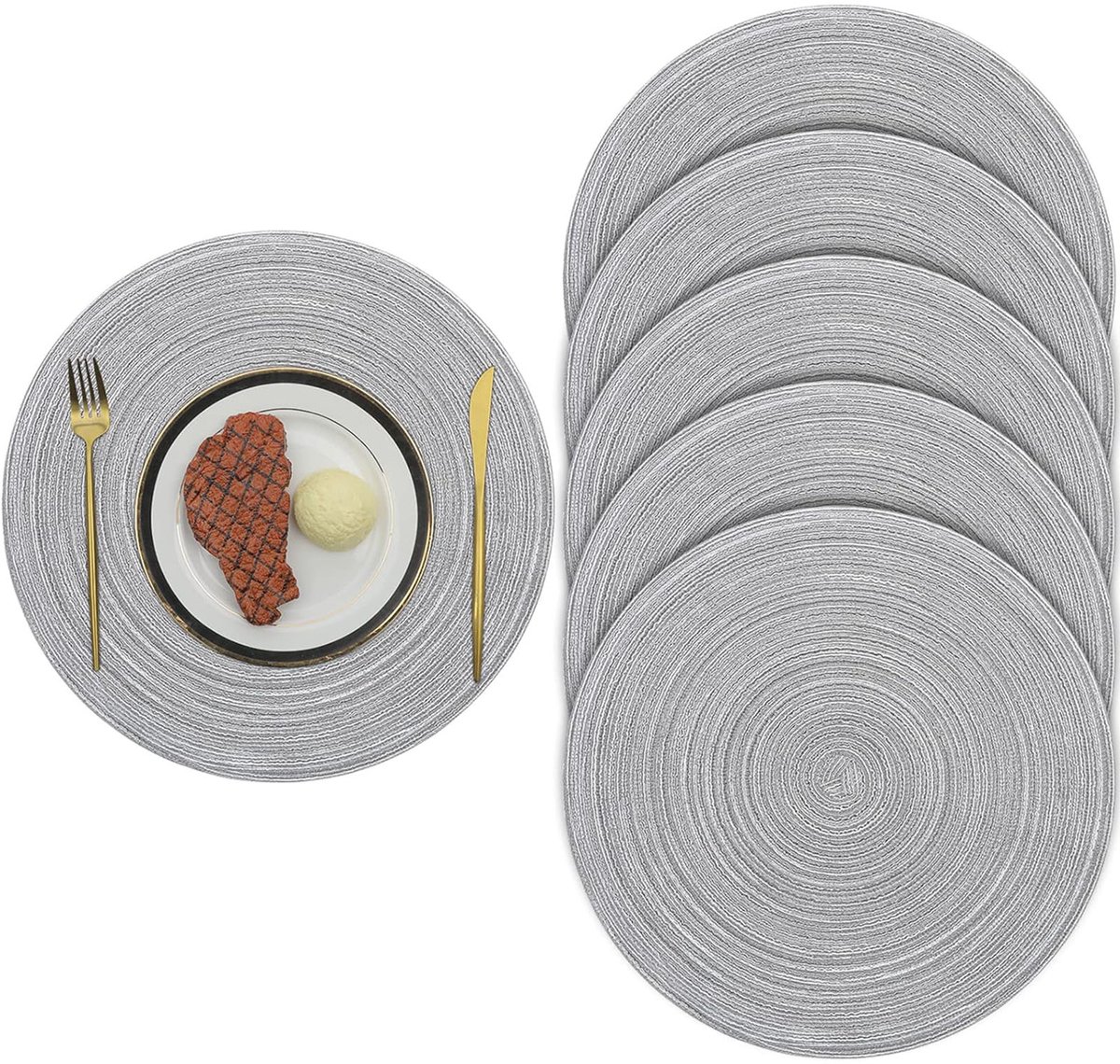 OKWISH Ronde Tafelonderlegger Set Van 6 - 40 X 40 Cm Geweven - Voor Eettafel Antislip Warmtebestendig- PVC - Grijs