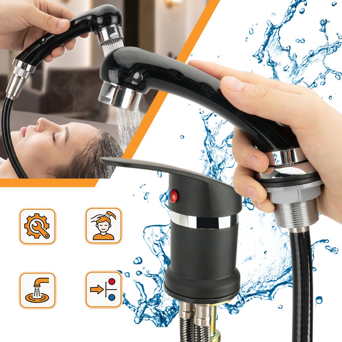 Wastafel Sproeier Met 2 Slangen (60 cm En 120 cm) Universele 1/2"-Aansluiting Messing Zwart Teflon Gecoat – Voor Kapsalons, Barbiers En Schoonheidssalons