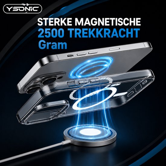 Telefoonhoes met sterke magnetische trekkracht van 2500 gram op een draadloze oplader.
