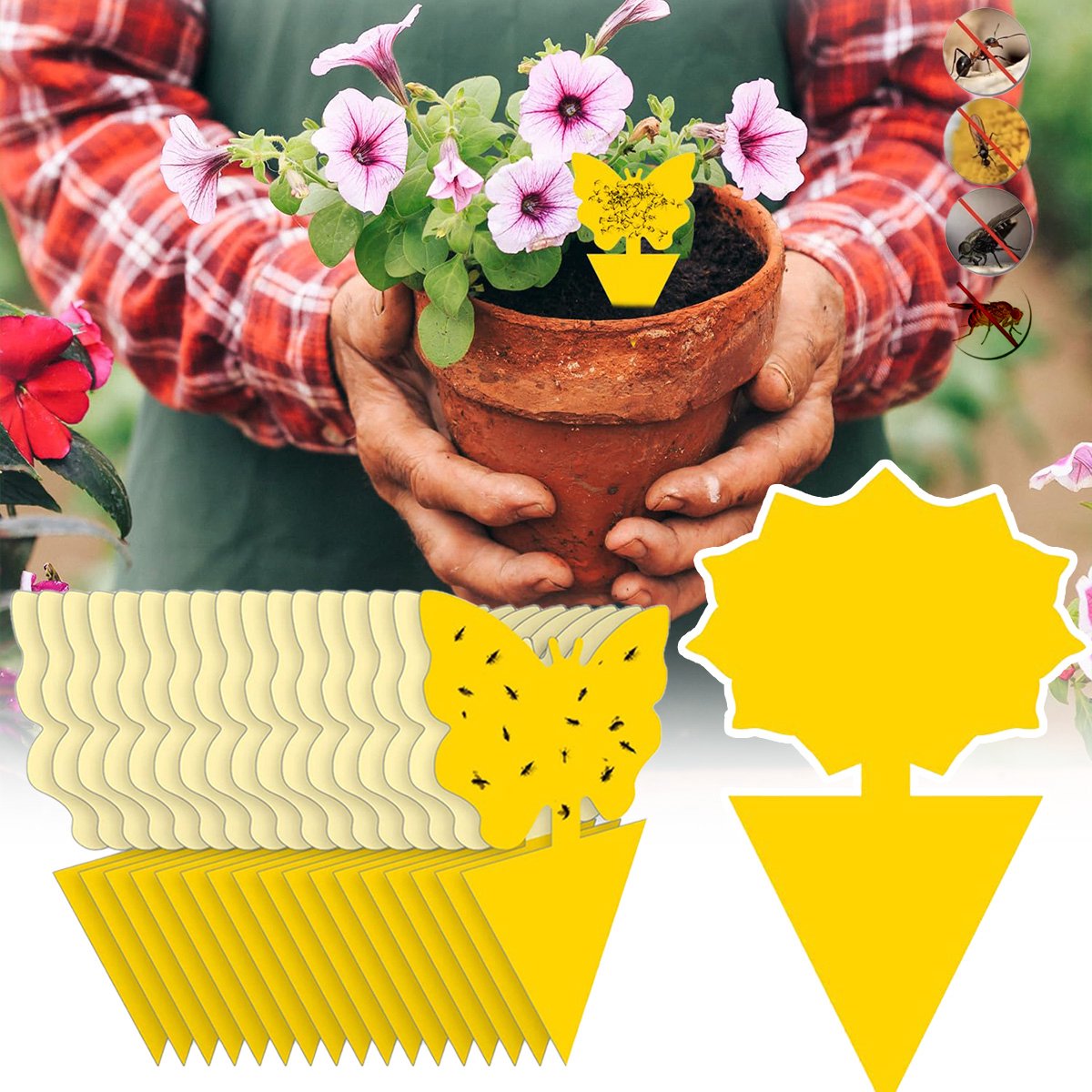 Gevormde plakvallen voor insecten - 100 stuks - Inclusief 50 vlinderontwerpen en 50 zonnebloemontwerpen - Paddenstoelkaboutervallen - Fruitvliegenvallen - Met plaklaag - Vliegenvallen - Geel